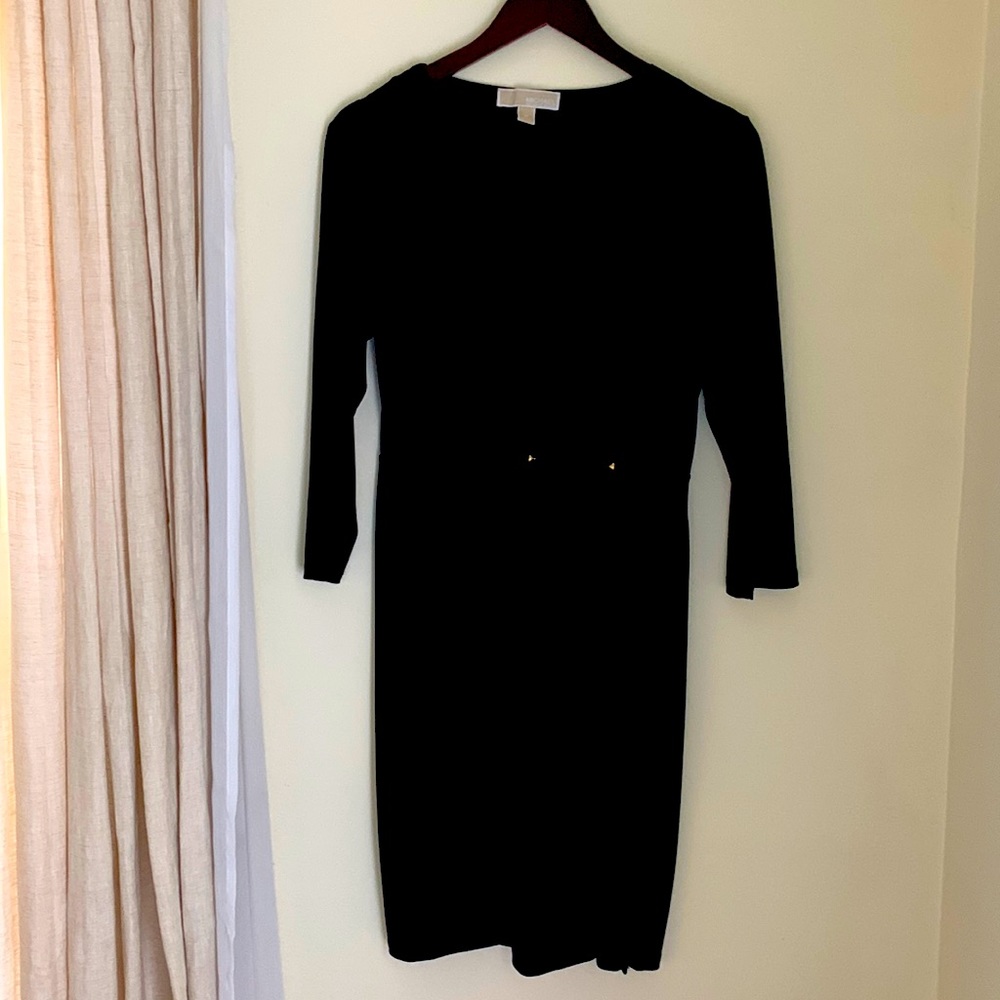 Michael Kors long sleeve cocktail dress with fun ribbon slit and side decal